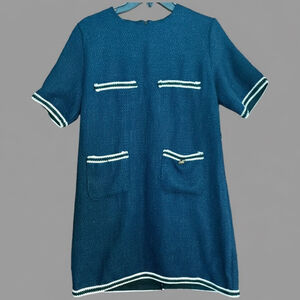 Mod Navy Tweed Shift Dress – Preppy Contrast Trim Pocket Detail Women’s M